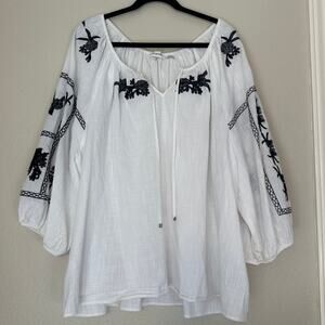 Calvin Klein Embroidered Boho Cottage Peasant Top, White/Black Cotton, size 2X